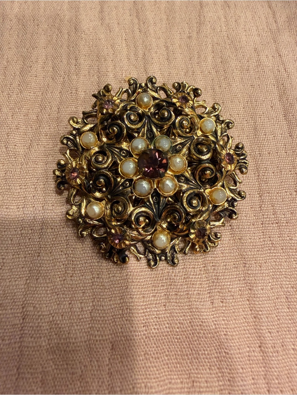 Gold Filigree Floral Brooch Pearl Accents and Purple stone Jonette Jewelry